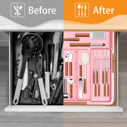 Large Utensil Drawer Organizer for Kitchen, Expandable Silverware Organizer Utensil Holder, Cutlery and Flatware Cooking Tray, Kitchen Drawer Organizers and Storage with Removable Knife Block, Black