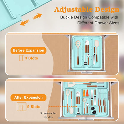 Large Utensil Drawer Organizer for Kitchen, Expandable Silverware Organizer Utensil Holder, Cutlery and Flatware Cooking Tray, Kitchen Drawer Organizers and Storage with Removable Knife Block, Black