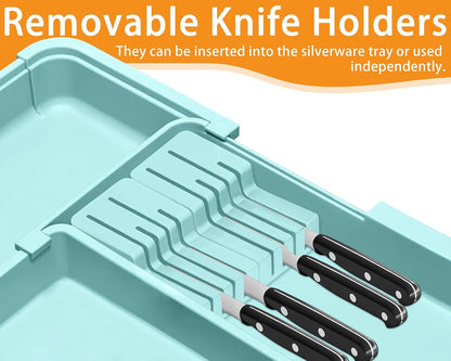 Large Utensil Drawer Organizer for Kitchen, Expandable Silverware Organizer Utensil Holder, Cutlery and Flatware Cooking Tray, Kitchen Drawer Organizers and Storage with Removable Knife Block, Black