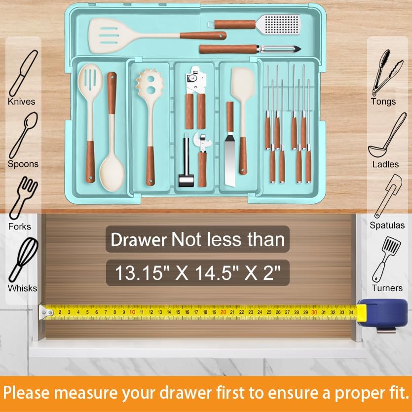 Large Utensil Drawer Organizer for Kitchen, Expandable Silverware Organizer Utensil Holder, Cutlery and Flatware Cooking Tray, Kitchen Drawer Organizers and Storage with Removable Knife Block, Black