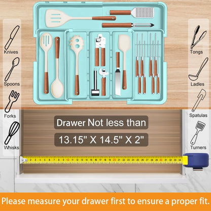 Large Utensil Drawer Organizer for Kitchen, Expandable Silverware Organizer Utensil Holder, Cutlery and Flatware Cooking Tray, Kitchen Drawer Organizers and Storage with Removable Knife Block, Black