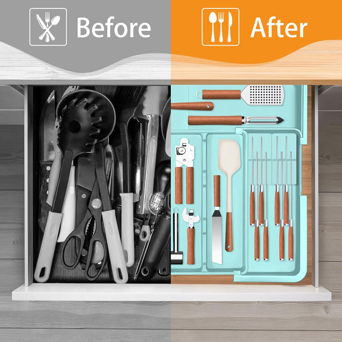 Large Utensil Drawer Organizer for Kitchen, Expandable Silverware Organizer Utensil Holder, Cutlery and Flatware Cooking Tray, Kitchen Drawer Organizers and Storage with Removable Knife Block, Black