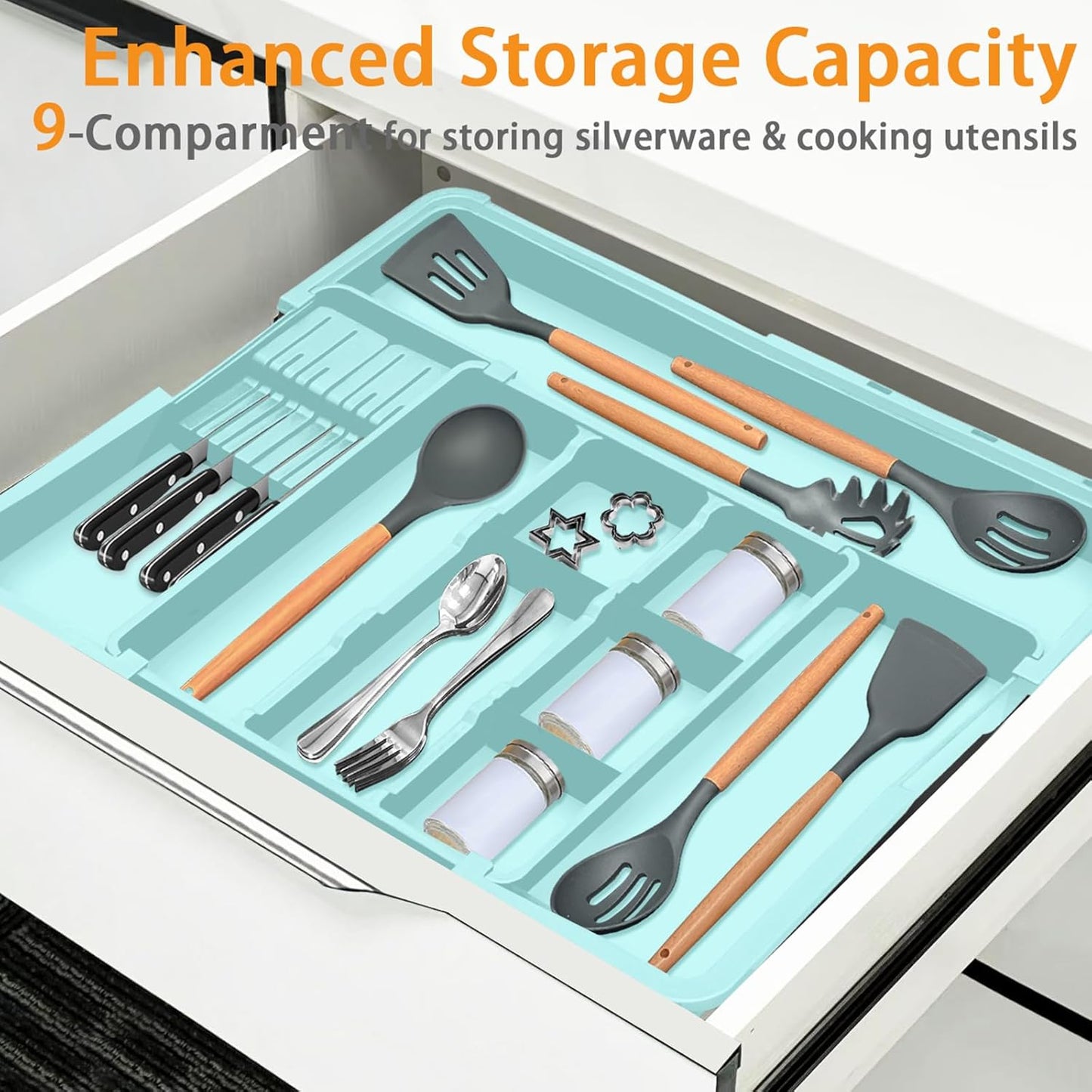Large Utensil Drawer Organizer for Kitchen, Expandable Silverware Organizer Utensil Holder, Cutlery and Flatware Cooking Tray, Kitchen Drawer Organizers and Storage with Removable Knife Block, Black