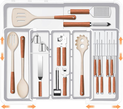 Large Utensil Drawer Organizer for Kitchen, Expandable Silverware Organizer Utensil Holder, Cutlery and Flatware Cooking Tray, Kitchen Drawer Organizers and Storage with Removable Knife Block, Black