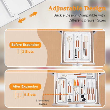 Large Utensil Drawer Organizer for Kitchen, Expandable Silverware Organizer Utensil Holder, Cutlery and Flatware Cooking Tray, Kitchen Drawer Organizers and Storage with Removable Knife Block, Black