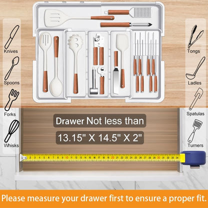 Large Utensil Drawer Organizer for Kitchen, Expandable Silverware Organizer Utensil Holder, Cutlery and Flatware Cooking Tray, Kitchen Drawer Organizers and Storage with Removable Knife Block, Black