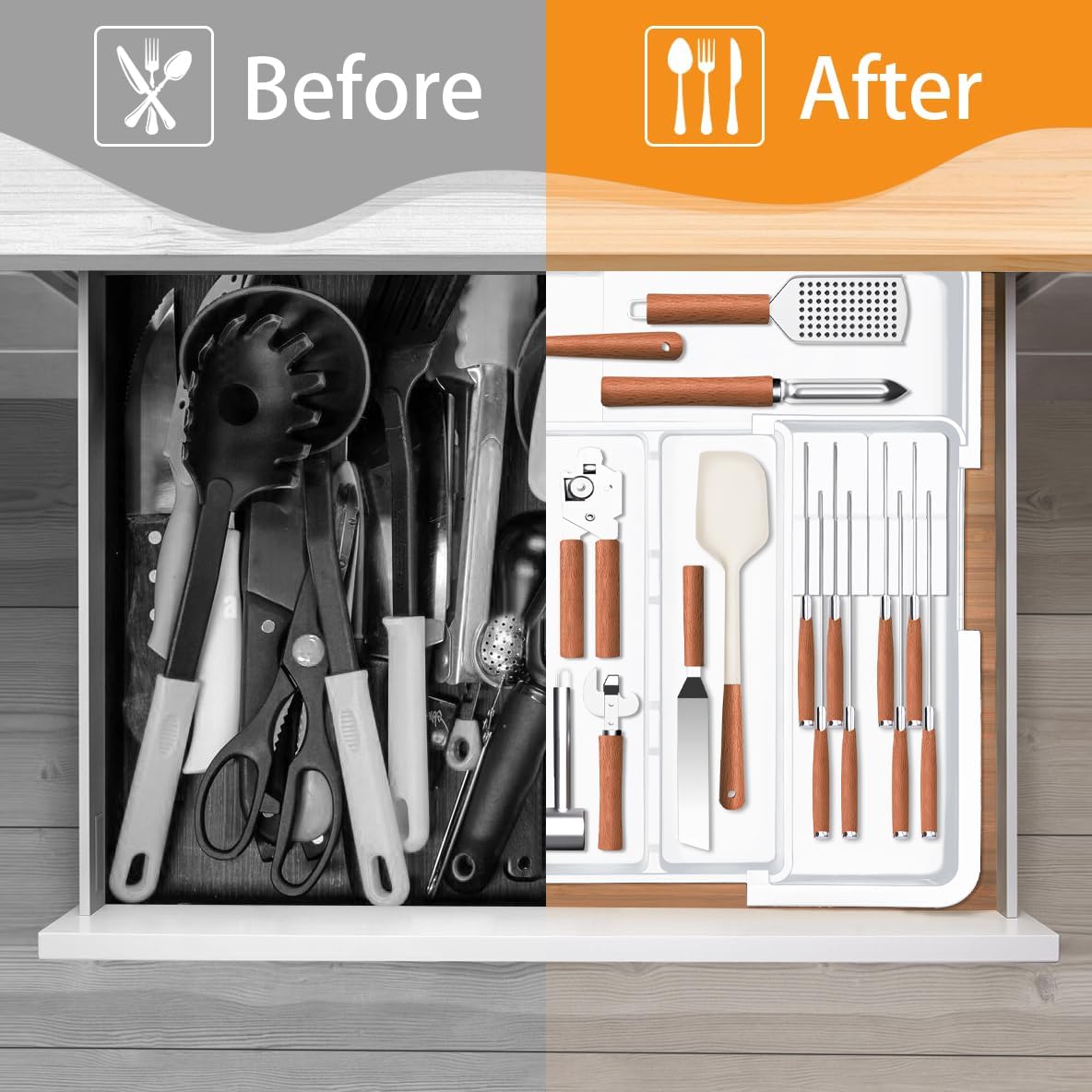 Large Utensil Drawer Organizer for Kitchen, Expandable Silverware Organizer Utensil Holder, Cutlery and Flatware Cooking Tray, Kitchen Drawer Organizers and Storage with Removable Knife Block, Black