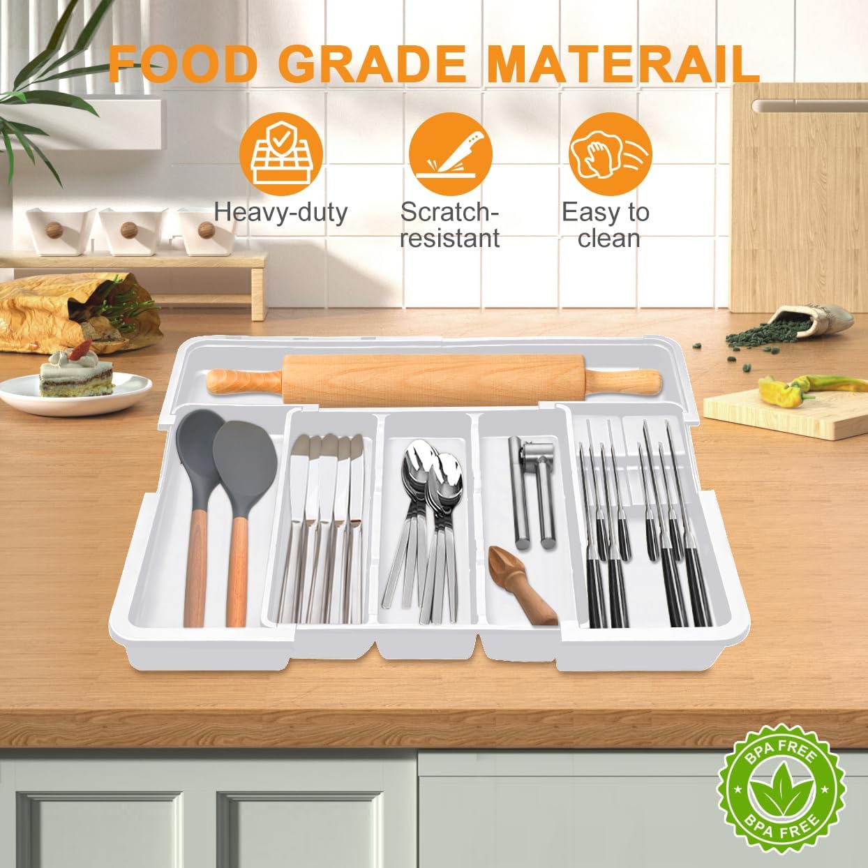 Large Utensil Drawer Organizer for Kitchen, Expandable Silverware Organizer Utensil Holder, Cutlery and Flatware Cooking Tray, Kitchen Drawer Organizers and Storage with Removable Knife Block, Black
