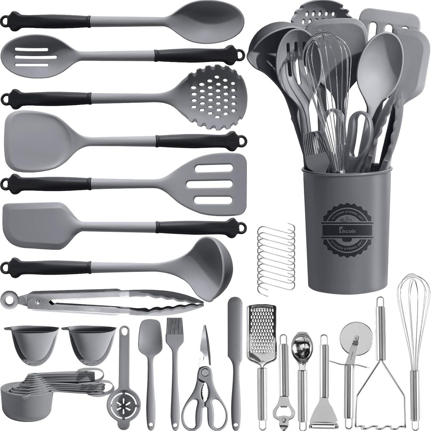 43Pcs Large Kitchen Utensils Set - Silicone Cooking Utensils Set, Dishwasher Safe Spatula Set for Non-stick Cookware, 446°F Heat Resistant Kitchen Utensils Set with Holder BPA Free, Grey