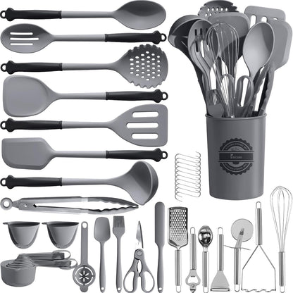 43Pcs Large Kitchen Utensils Set - Silicone Cooking Utensils Set, Dishwasher Safe Spatula Set for Non-stick Cookware, 446°F Heat Resistant Kitchen Utensils Set with Holder BPA Free, Grey