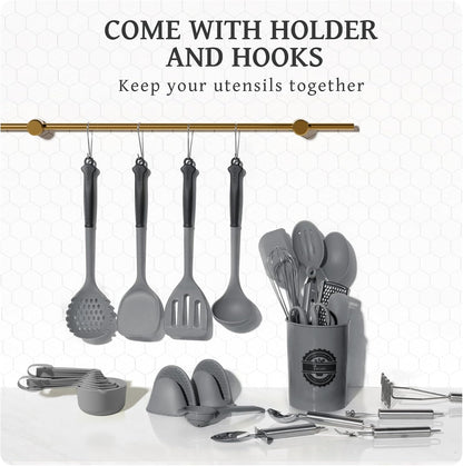 43Pcs Large Kitchen Utensils Set - Silicone Cooking Utensils Set, Dishwasher Safe Spatula Set for Non-stick Cookware, 446°F Heat Resistant Kitchen Utensils Set with Holder BPA Free, Grey