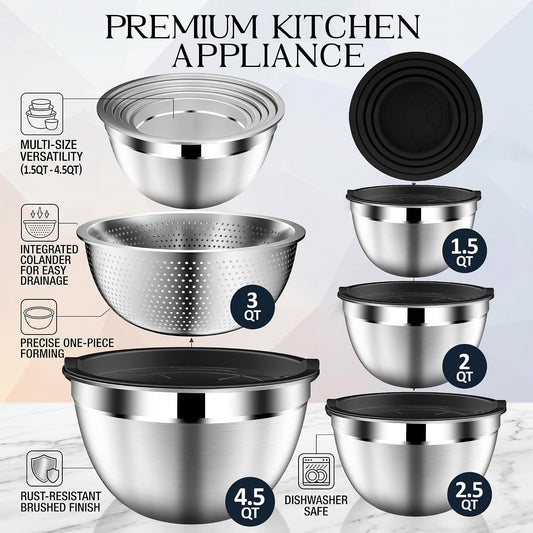 Mixing Bowls with Lids Set, Stainless Steel Mixing Bowls with Colander, Strainer with Mixing Bowl Set, Serving Bowl Kitchen Gift, Size 4.5, 2.5, 2, 1.5QT - Black