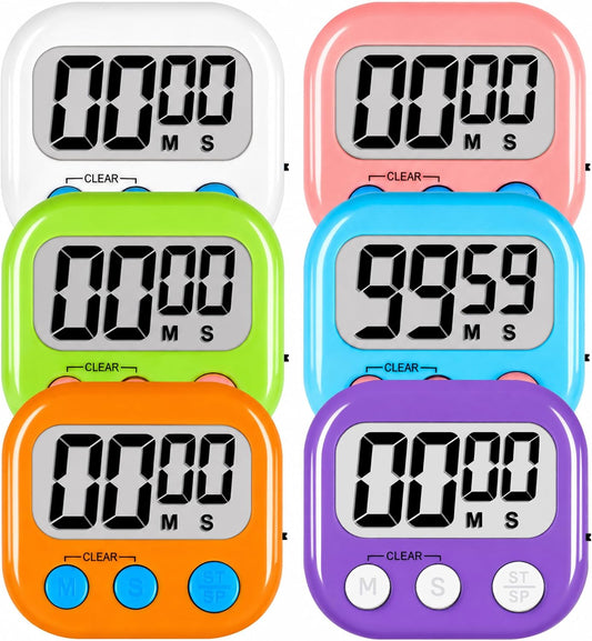Digital Kitchen Classroom Timers for Kids Cooking 6pcs MulticolorA | Strong Magnetic, Large Screen, Big Button, Kitchen Timers for Cooking Teacher Study, Blue Green Pink Purple White Orange