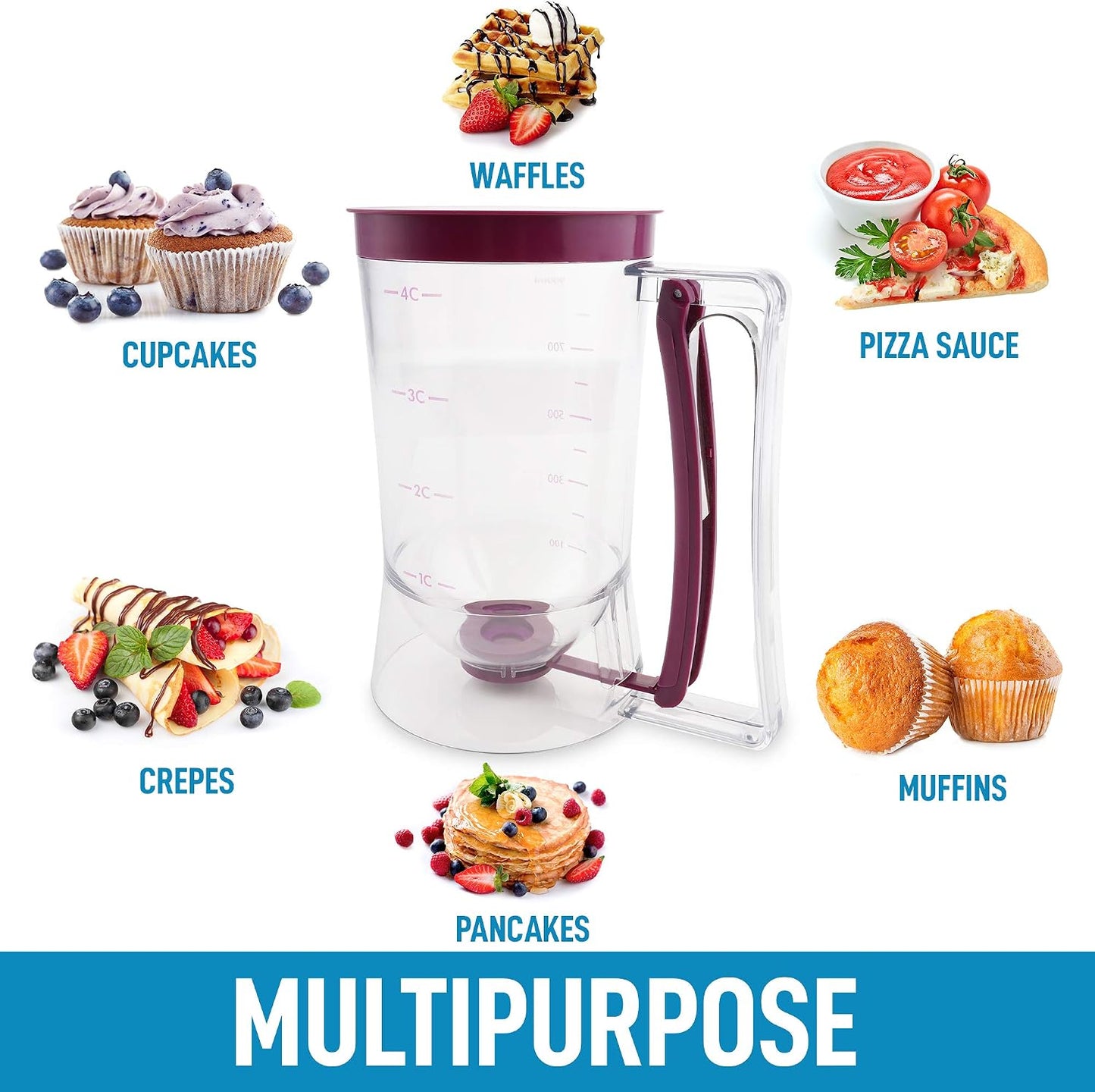 4 Cup Pancake Batter Dispenser With Squeeze Handle - Pancake Dispenser For Batter With Measuring Label - Pancake Batter Mixer Dispenser Bottle For Cupcakes, Crepes, Waffles & More