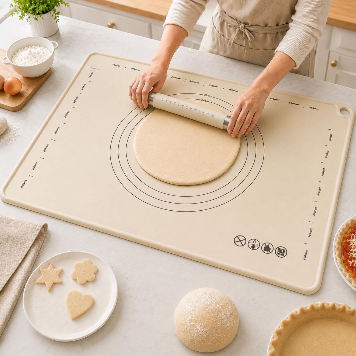 Silicone Baking Mat with Rolling Pin Set, Extra Large 28 x 20 Inch Non Stick Pastry Mat with Scale and Thick, Food Grade Dough Rolling Mat for Pizza, Pie, Pasta, Cookies, Bread and Pastry