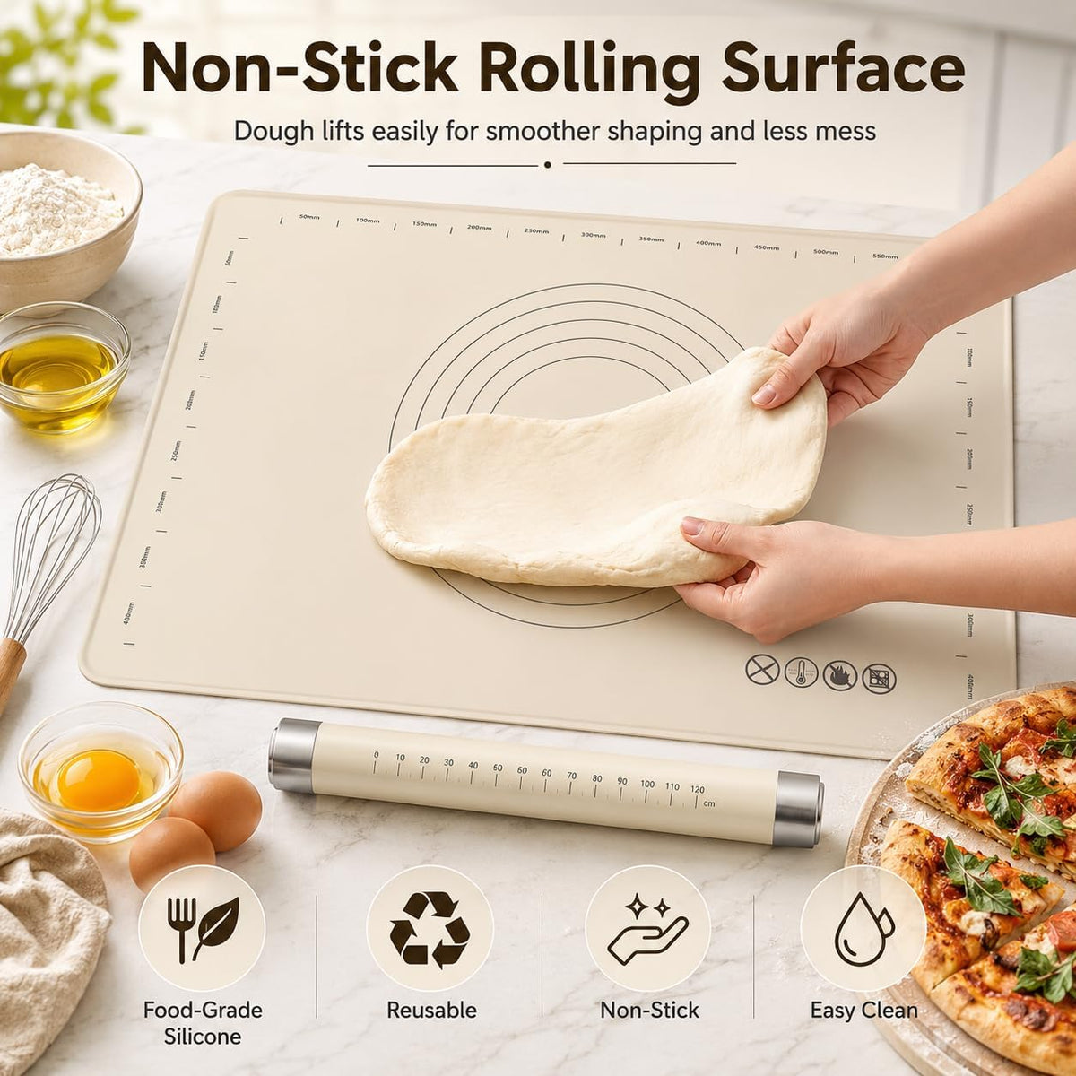 Silicone Baking Mat with Rolling Pin Set, Extra Large 28 x 20 Inch Non Stick Pastry Mat with Scale and Thick, Food Grade Dough Rolling Mat for Pizza, Pie, Pasta, Cookies, Bread and Pastry