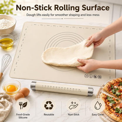 Silicone Baking Mat with Rolling Pin Set, Extra Large 28 x 20 Inch Non Stick Pastry Mat with Scale and Thick, Food Grade Dough Rolling Mat for Pizza, Pie, Pasta, Cookies, Bread and Pastry