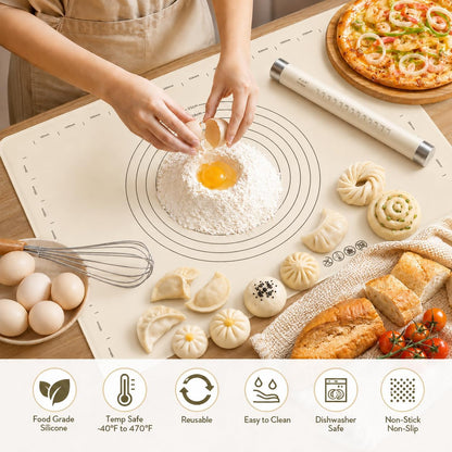 Silicone Baking Mat with Rolling Pin Set, Extra Large 28 x 20 Inch Non Stick Pastry Mat with Scale and Thick, Food Grade Dough Rolling Mat for Pizza, Pie, Pasta, Cookies, Bread and Pastry