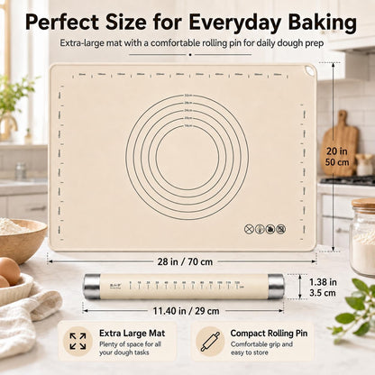 Silicone Baking Mat with Rolling Pin Set, Extra Large 28 x 20 Inch Non Stick Pastry Mat with Scale and Thick, Food Grade Dough Rolling Mat for Pizza, Pie, Pasta, Cookies, Bread and Pastry