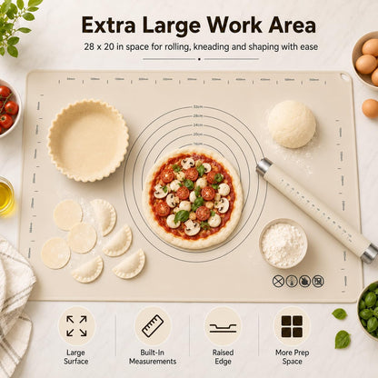 Silicone Baking Mat with Rolling Pin Set, Extra Large 28 x 20 Inch Non Stick Pastry Mat with Scale and Thick, Food Grade Dough Rolling Mat for Pizza, Pie, Pasta, Cookies, Bread and Pastry