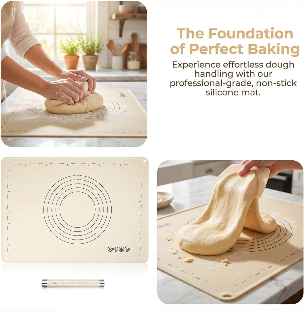 Silicone Baking Mat with Rolling Pin Set, Extra Large 28 x 20 Inch Non Stick Pastry Mat with Scale and Thick, Food Grade Dough Rolling Mat for Pizza, Pie, Pasta, Cookies, Bread and Pastry