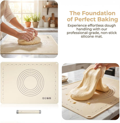 Silicone Baking Mat with Rolling Pin Set, Extra Large 28 x 20 Inch Non Stick Pastry Mat with Scale and Thick, Food Grade Dough Rolling Mat for Pizza, Pie, Pasta, Cookies, Bread and Pastry