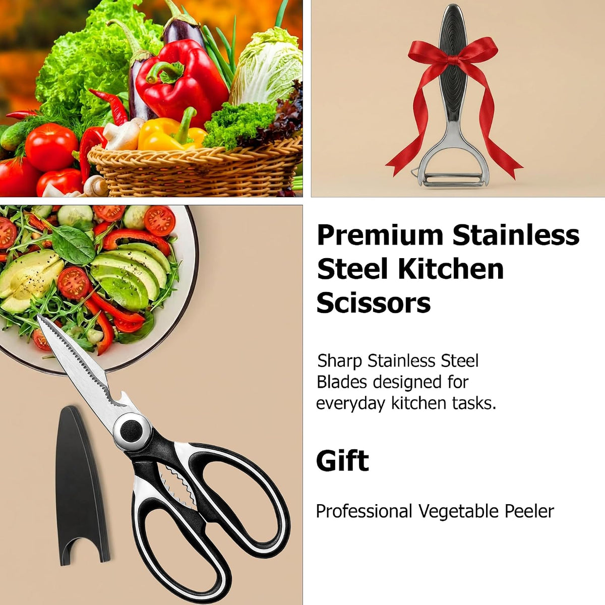 Heavy Duty Kitchen Shears Set - Ultra Sharp All Purpose Stainless Steel Kitchen Scissors for Meat, Chicken Bone, Fish, Herbs, Pizza + Metal Vegetable Peeler & Sheath, Dishwasher Safe