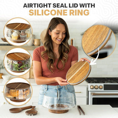 Large Glass Salad Bowl with Lid Set, 5.7 L Decorative Glass Mixing Bowl, Trifle and Serving Bowls with Lids as Cheese Charcuterie Board and Plate, Comes with Wood Serving Utensils