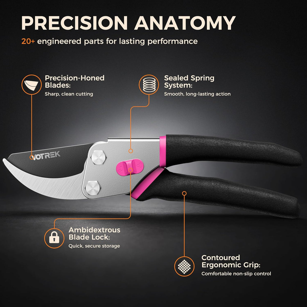 8.5" Bypass Pruning Shears, Jam-Proof Spring Clippers for branches
