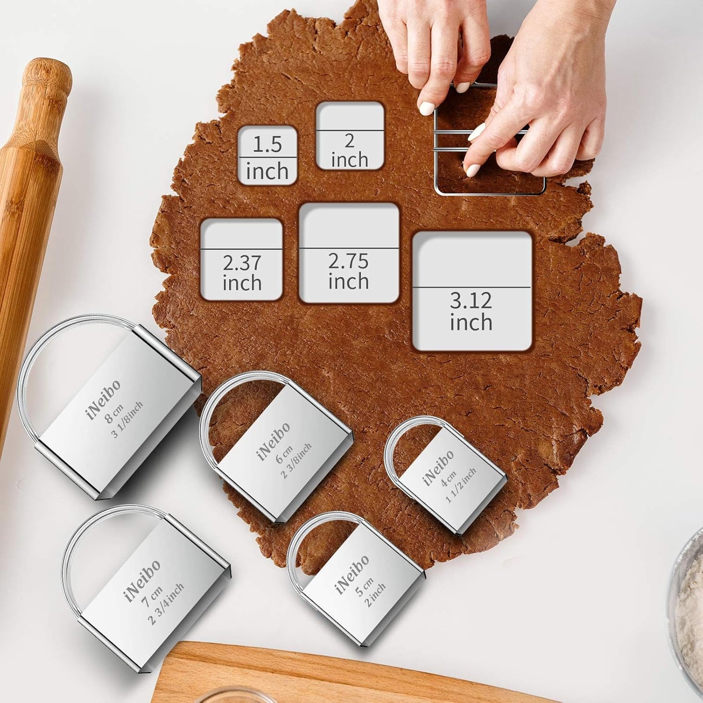 Biscuit Cutter Set (5 Pcs/Set), Square Cookies Cutters with Handle, Professional Stainless Steel Pastry Dough Tools Metal Baking Tools Set