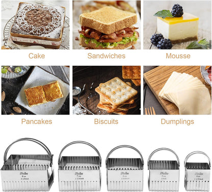 Biscuit Cutter Set (5 Pcs/Set), Square Cookies Cutters with Handle, Professional Stainless Steel Pastry Dough Tools Metal Baking Tools Set