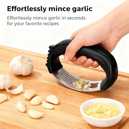 Stainless Steel Garlic Press Rocker, Portable Kitchen Essential, Ergonomic Handle Design, Easy Mincing Crusher (Black)