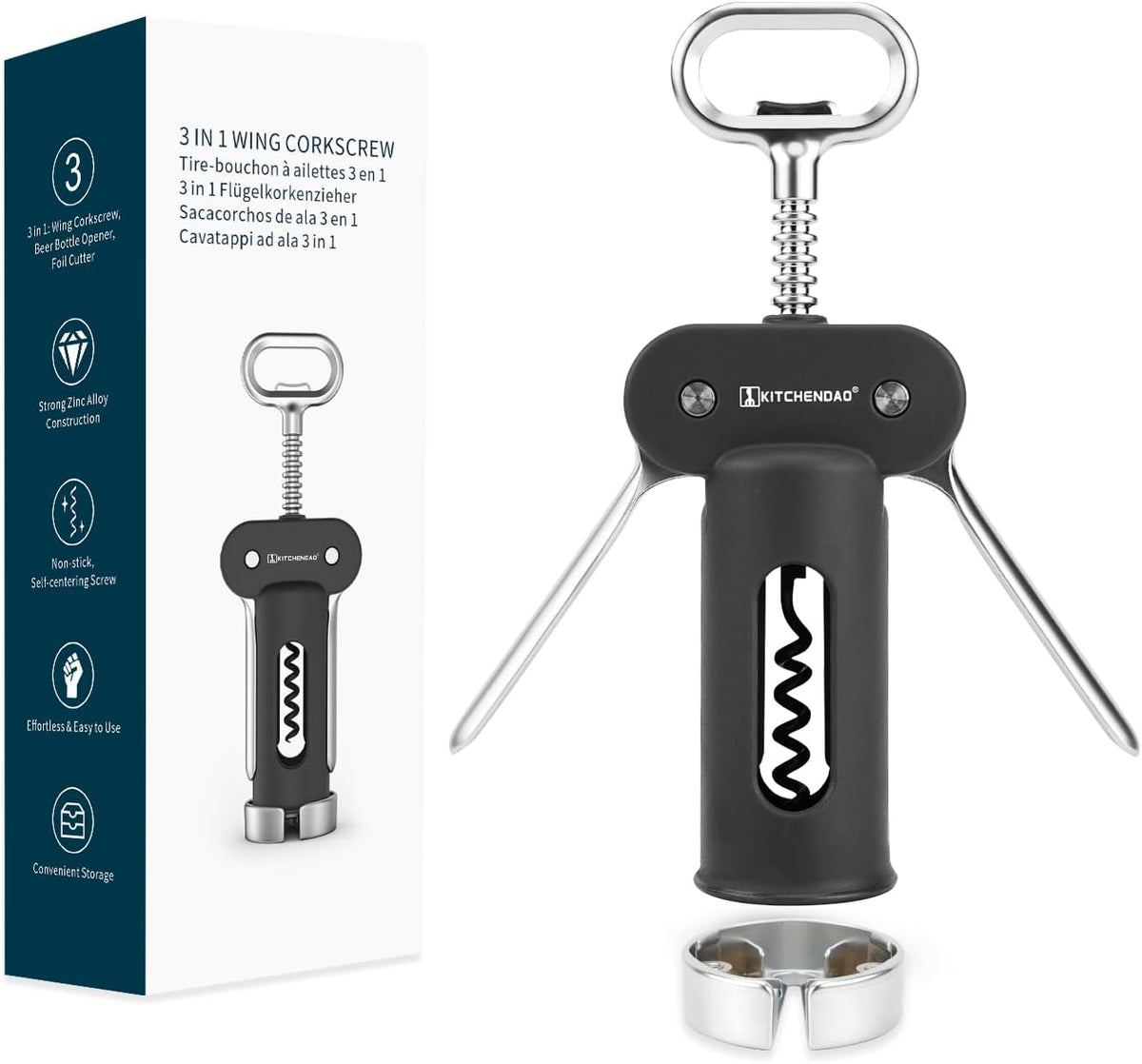 Luxury 3 in 1 Wine Opener with Foil Cutter, Beer Bottle Opener, Sturdy Zinc Alloy Wing Corkscrew with Self-centering Non-stick Sharp Screw, Easy to Remove Cork, Manual Corkscrew (Black)