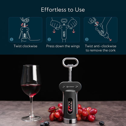 Luxury 3 in 1 Wine Opener with Foil Cutter, Beer Bottle Opener, Sturdy Zinc Alloy Wing Corkscrew with Self-centering Non-stick Sharp Screw, Easy to Remove Cork, Manual Corkscrew (Black)