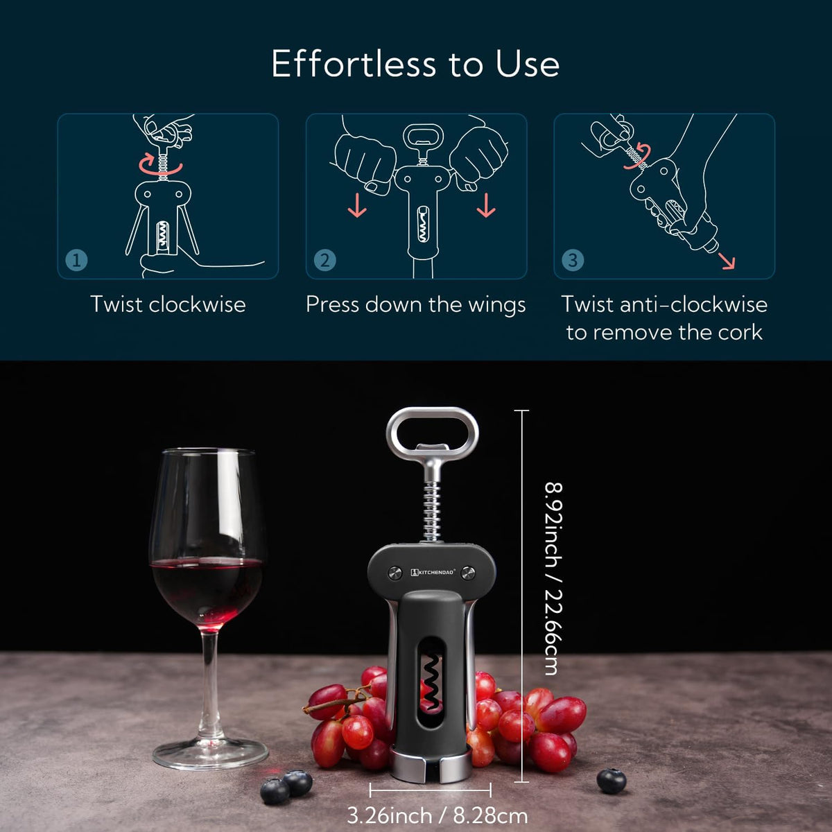 Luxury 3 in 1 Wine Opener with Foil Cutter, Beer Bottle Opener, Sturdy Zinc Alloy Wing Corkscrew with Self-centering Non-stick Sharp Screw, Easy to Remove Cork, Manual Corkscrew (Black)