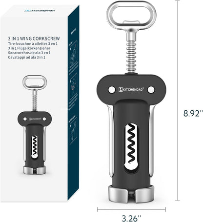 Luxury 3 in 1 Wine Opener with Foil Cutter, Beer Bottle Opener, Sturdy Zinc Alloy Wing Corkscrew with Self-centering Non-stick Sharp Screw, Easy to Remove Cork, Manual Corkscrew (Black)