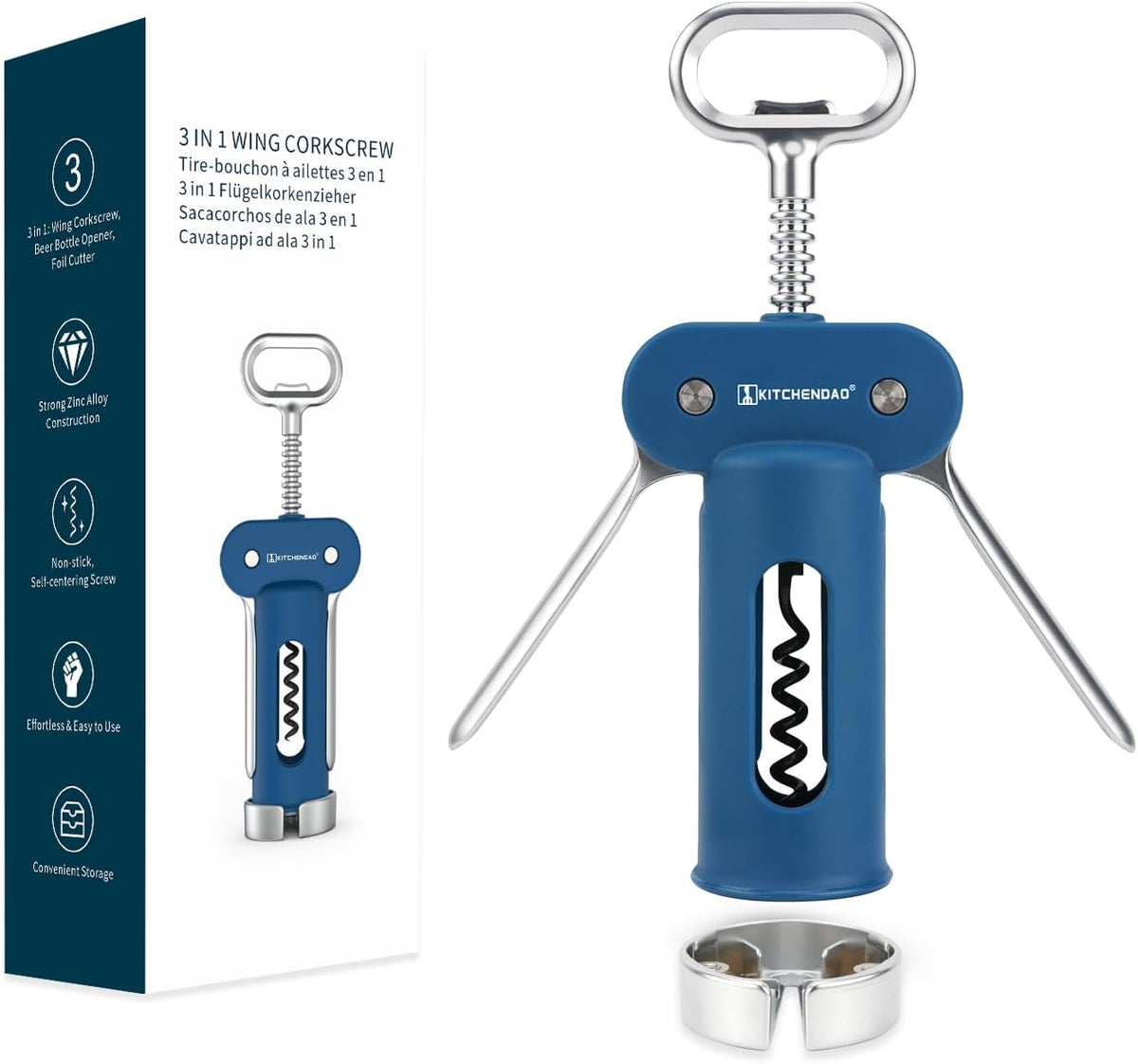 Luxury 3 in 1 Wine Opener with Foil Cutter, Beer Bottle Opener, Sturdy Zinc Alloy Wing Corkscrew with Self-centering Non-stick Sharp Screw, Easy to Remove Cork, Manual Corkscrew (Black)