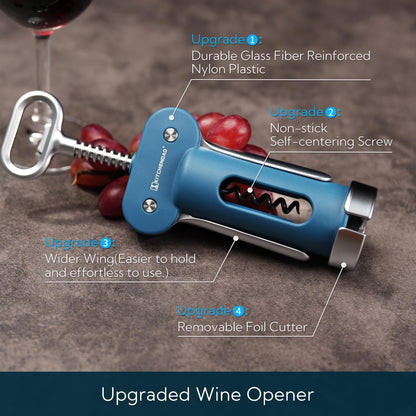 Luxury 3 in 1 Wine Opener with Foil Cutter, Beer Bottle Opener, Sturdy Zinc Alloy Wing Corkscrew with Self-centering Non-stick Sharp Screw, Easy to Remove Cork, Manual Corkscrew (Black)
