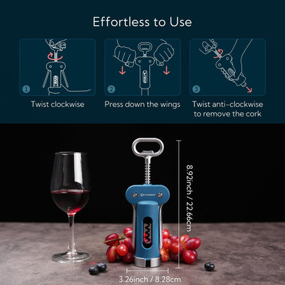 Luxury 3 in 1 Wine Opener with Foil Cutter, Beer Bottle Opener, Sturdy Zinc Alloy Wing Corkscrew with Self-centering Non-stick Sharp Screw, Easy to Remove Cork, Manual Corkscrew (Black)
