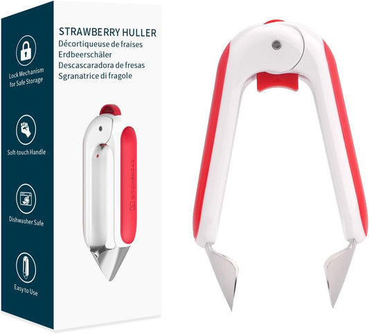 Strawberry Huller Corer Stem Remover with Safety Lock, Non-Slip Soft-touch Handle, Sharp Blades, Dishwasher Safe,1 Pack