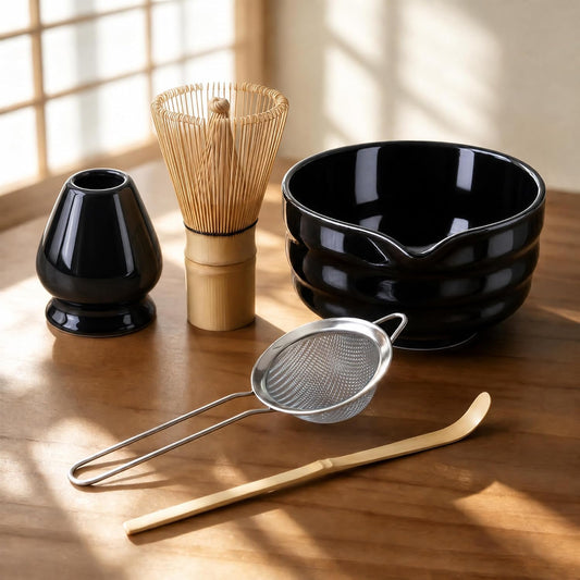 Matcha Whisk Set with Modern Black Ceramic Bowl - Japanese Tea Ceremony Essentials, Includes Bamboo Whisk (Chasen), Holder, Matcha Powder Sifter, Scoop, Complete Preparation Kit