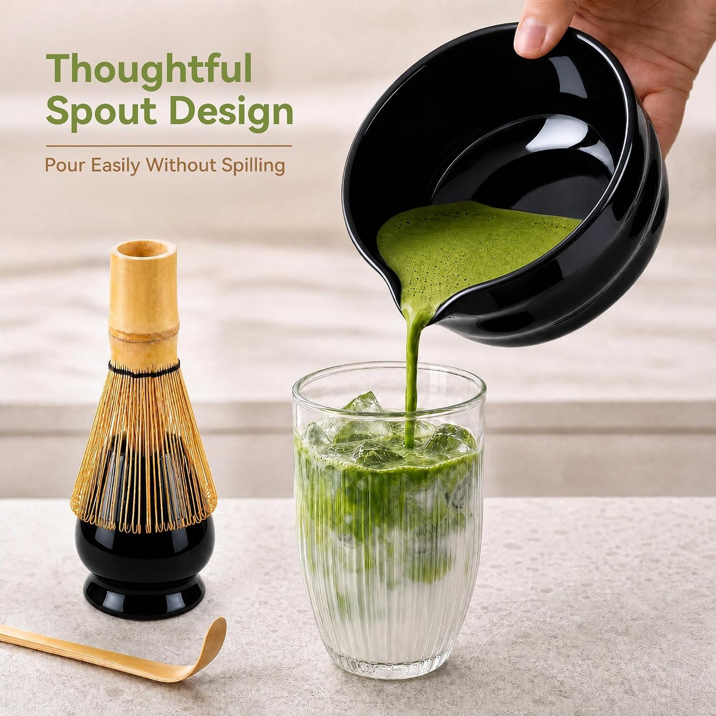 Matcha Whisk Set with Modern Black Ceramic Bowl - Japanese Tea Ceremony Essentials, Includes Bamboo Whisk (Chasen), Holder, Matcha Powder Sifter, Scoop, Complete Preparation Kit
