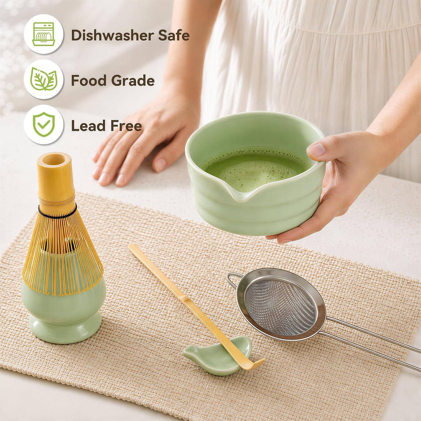 Matcha Whisk Set with Modern Black Ceramic Bowl - Japanese Tea Ceremony Essentials, Includes Bamboo Whisk (Chasen), Holder, Matcha Powder Sifter, Scoop, Complete Preparation Kit