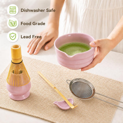 Matcha Whisk Set with Modern Black Ceramic Bowl - Japanese Tea Ceremony Essentials, Includes Bamboo Whisk (Chasen), Holder, Matcha Powder Sifter, Scoop, Complete Preparation Kit