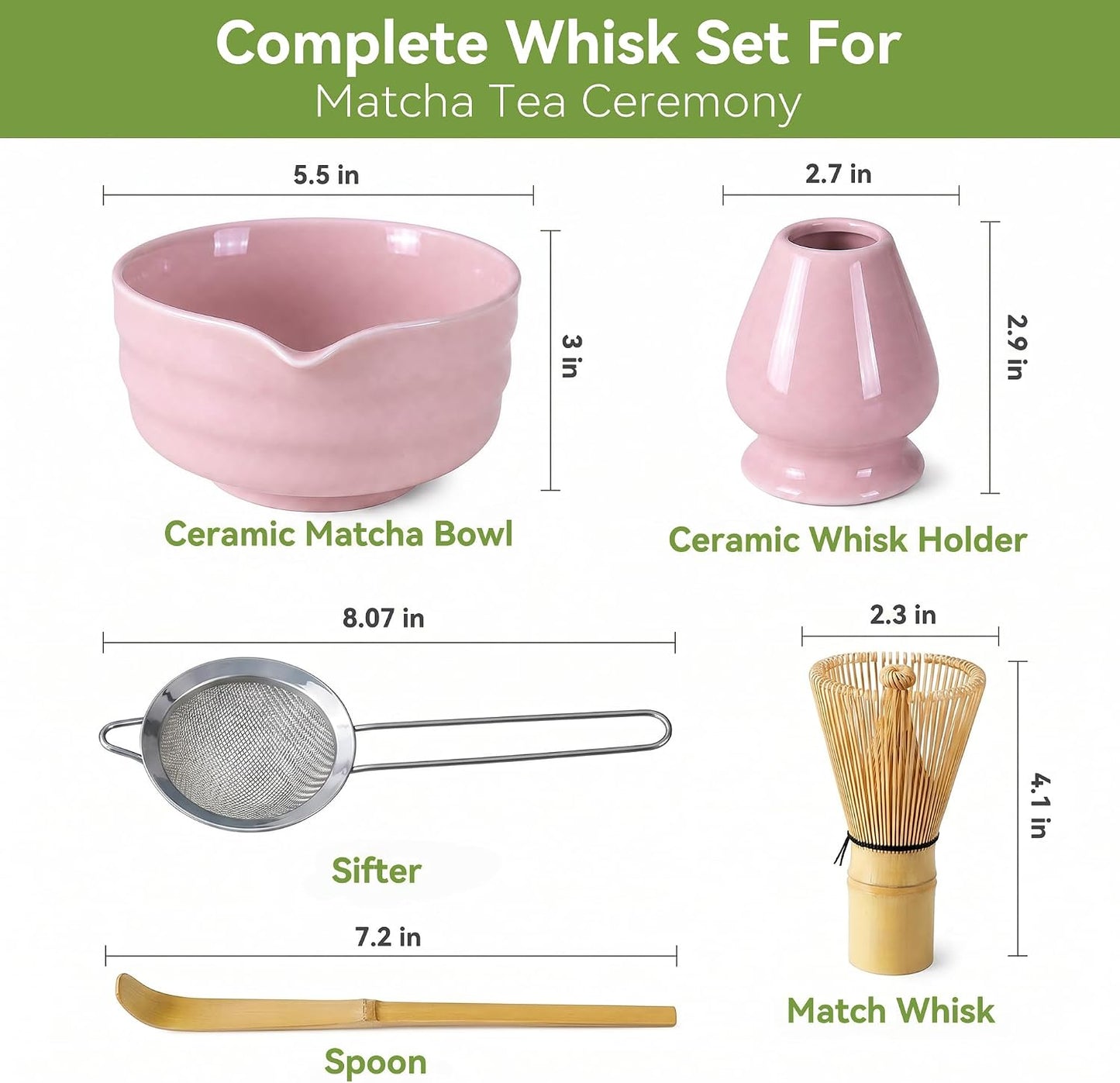Matcha Whisk Set with Modern Black Ceramic Bowl - Japanese Tea Ceremony Essentials, Includes Bamboo Whisk (Chasen), Holder, Matcha Powder Sifter, Scoop, Complete Preparation Kit