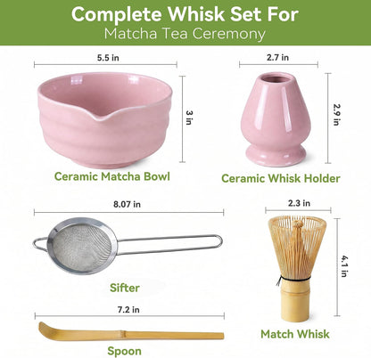 Matcha Whisk Set with Modern Black Ceramic Bowl - Japanese Tea Ceremony Essentials, Includes Bamboo Whisk (Chasen), Holder, Matcha Powder Sifter, Scoop, Complete Preparation Kit