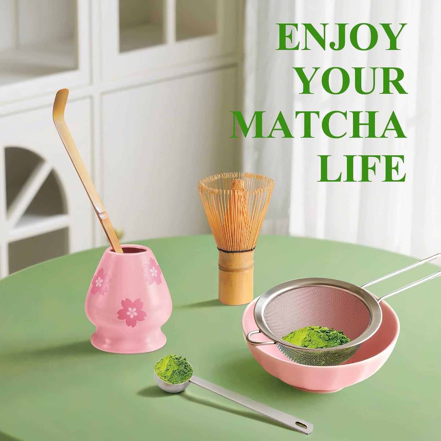 Matcha Whisk Set with Modern Black Ceramic Bowl - Japanese Tea Ceremony Essentials, Includes Bamboo Whisk (Chasen), Holder, Matcha Powder Sifter, Scoop, Complete Preparation Kit