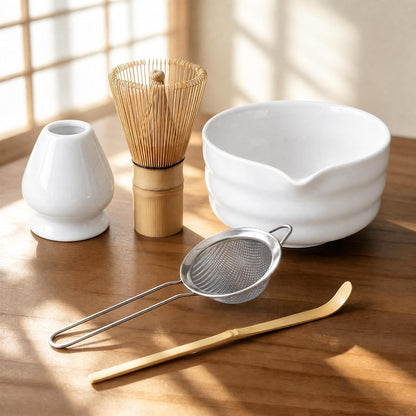 Matcha Whisk Set with Modern Black Ceramic Bowl - Japanese Tea Ceremony Essentials, Includes Bamboo Whisk (Chasen), Holder, Matcha Powder Sifter, Scoop, Complete Preparation Kit