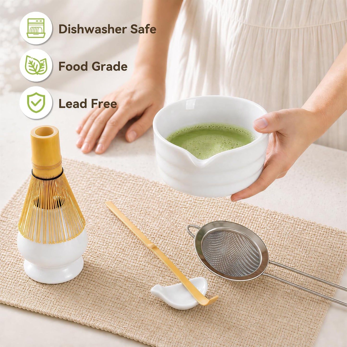 Matcha Whisk Set with Modern Black Ceramic Bowl - Japanese Tea Ceremony Essentials, Includes Bamboo Whisk (Chasen), Holder, Matcha Powder Sifter, Scoop, Complete Preparation Kit