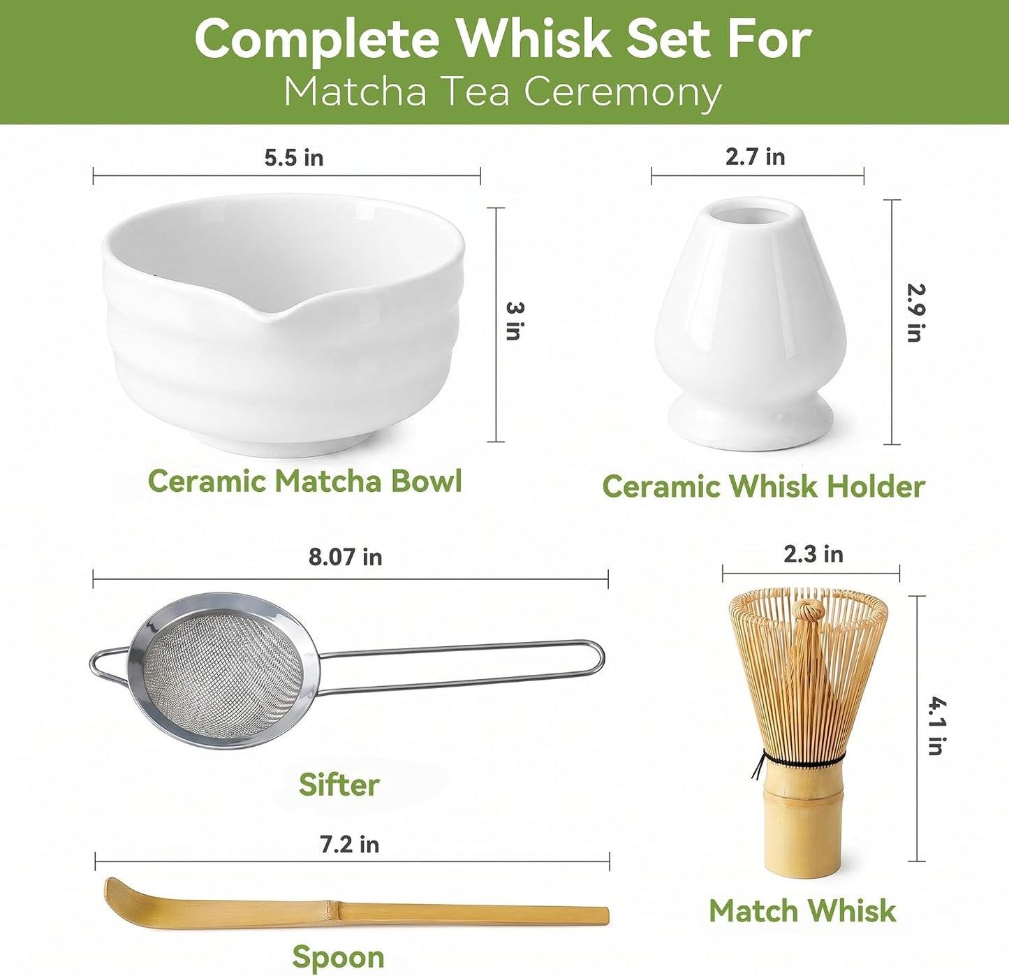 Matcha Whisk Set with Modern Black Ceramic Bowl - Japanese Tea Ceremony Essentials, Includes Bamboo Whisk (Chasen), Holder, Matcha Powder Sifter, Scoop, Complete Preparation Kit
